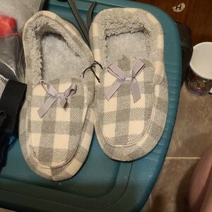 Plaid Gray and Cream Adult Slippers